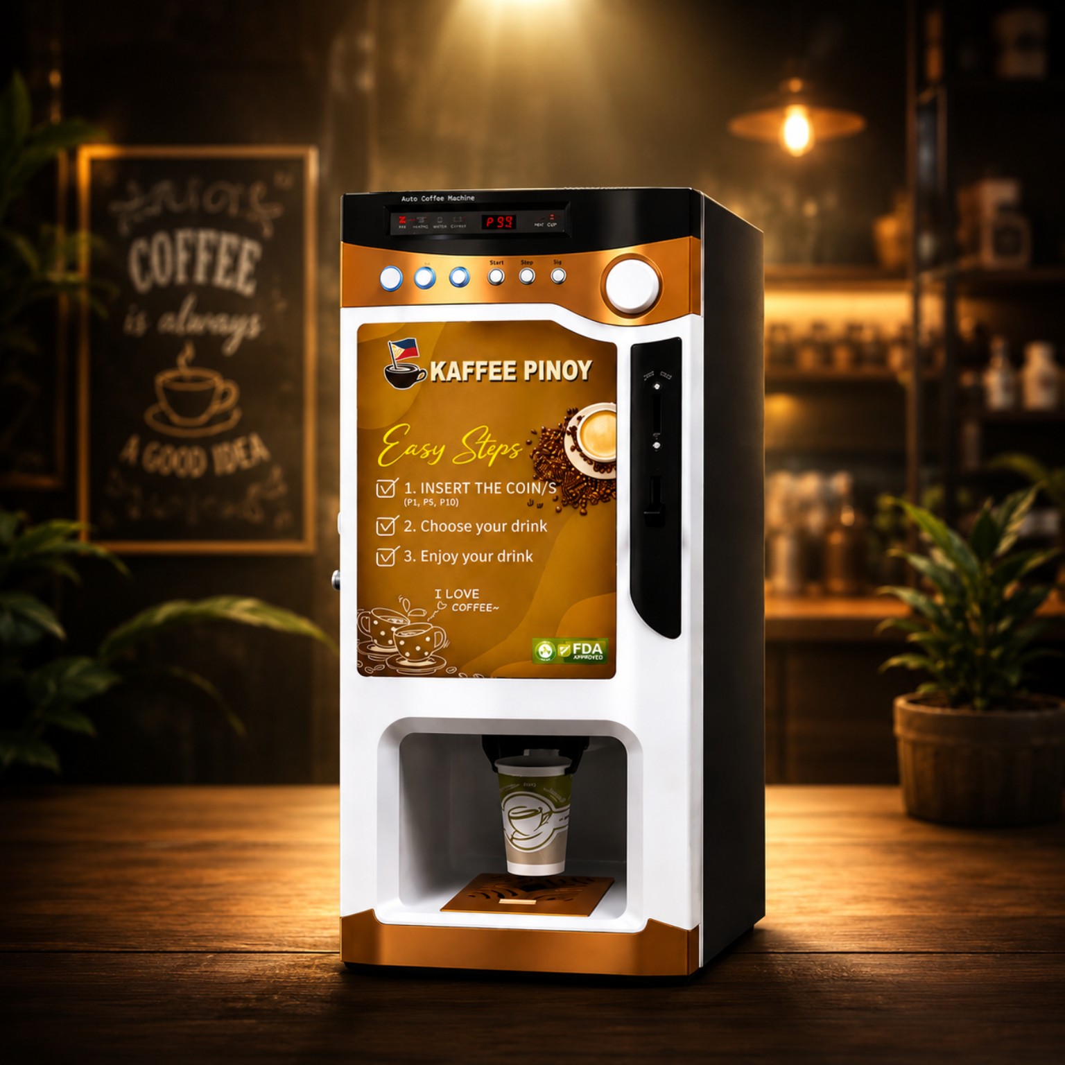 KaffeePinoy vending machine in a coffee setting